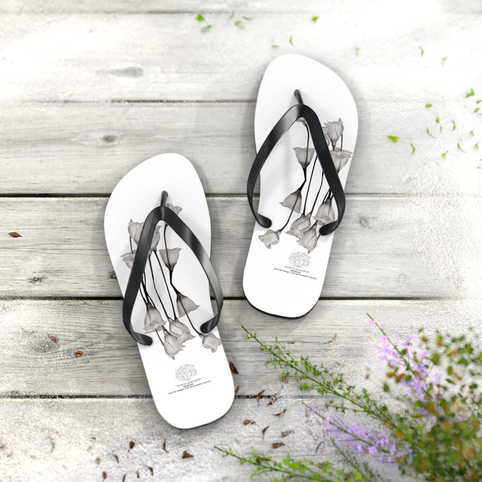 Monochrome Collection Floral Flip Flops - Stylish Summer Sandals - Margo Makaroff - Personalization Available