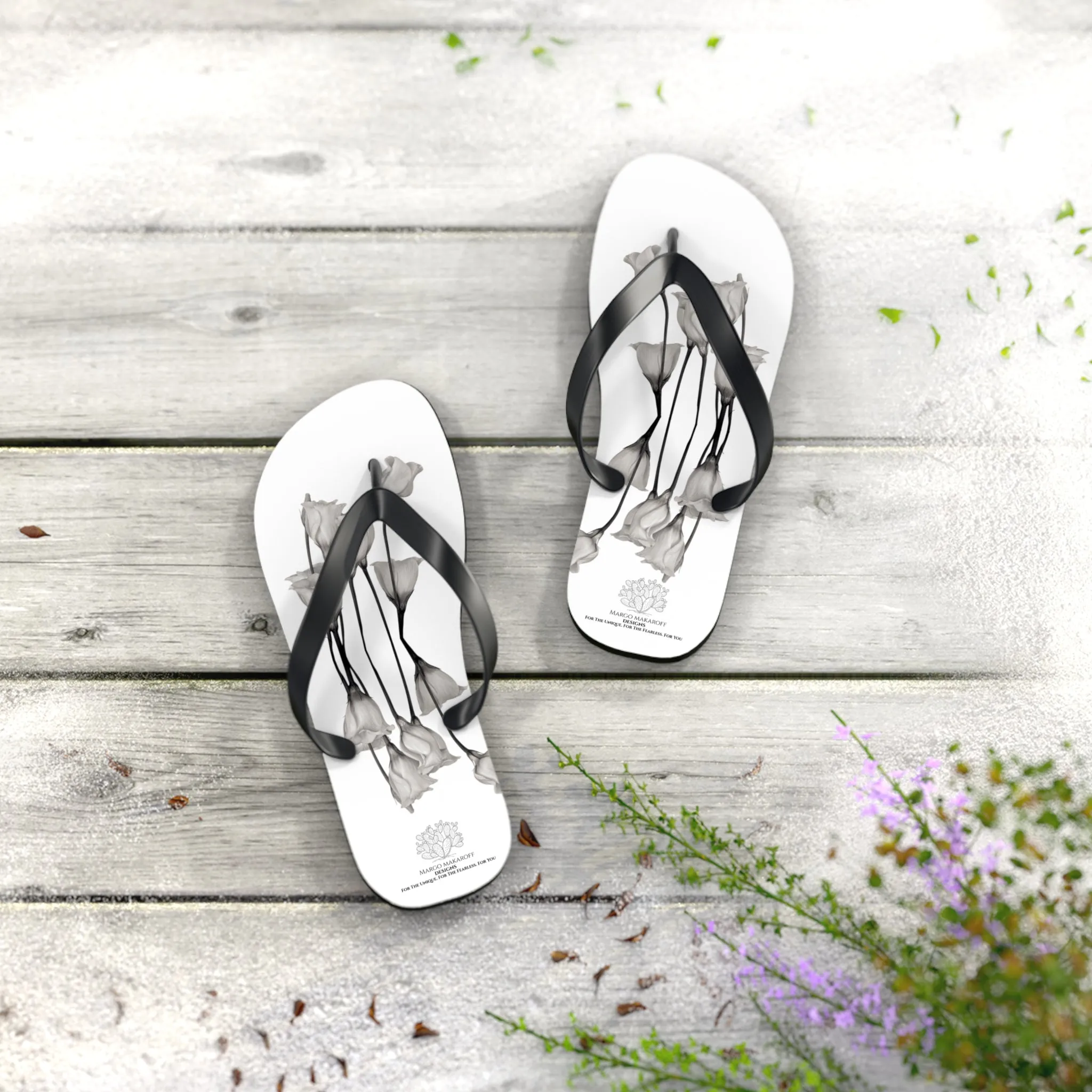 Monochrome Collection Floral Flip Flops - Stylish Summer Sandals - Margo Makaroff - Personalization Available