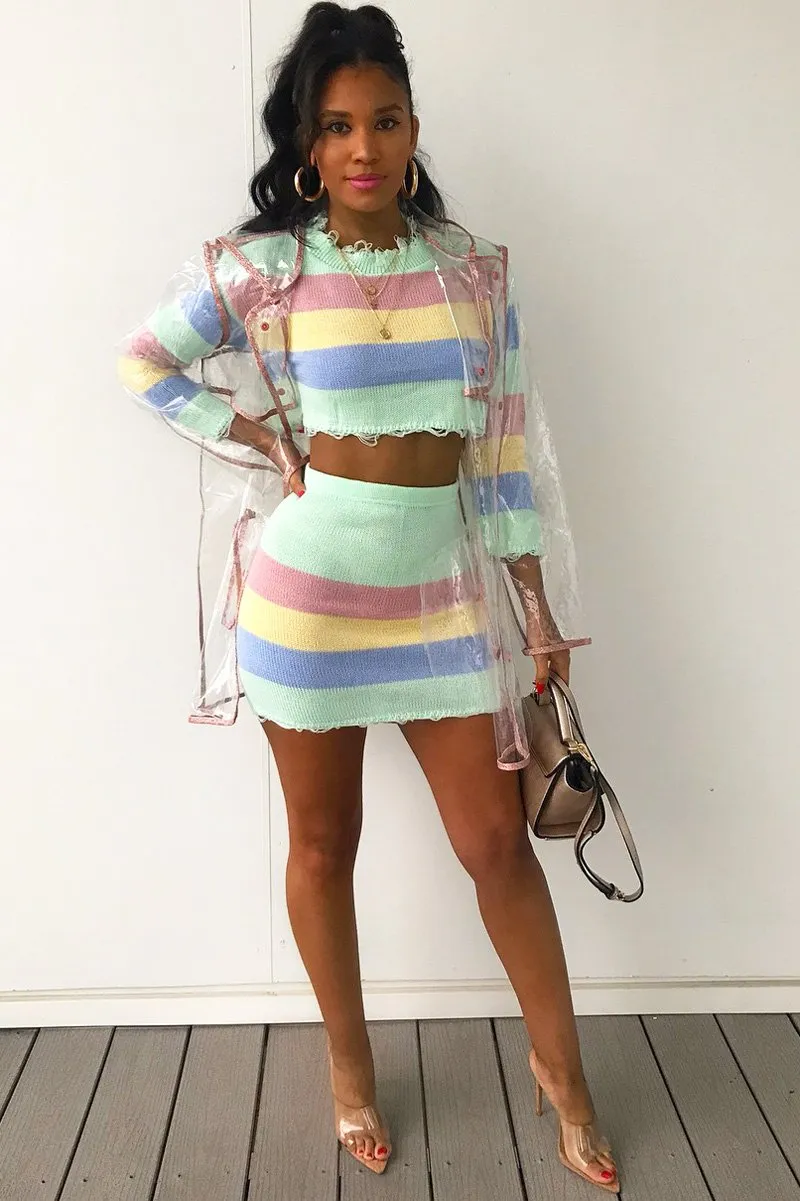 Multi Coloured Pastel Knitted Cropped Jumper And Skirt Co-Ord - Lahna