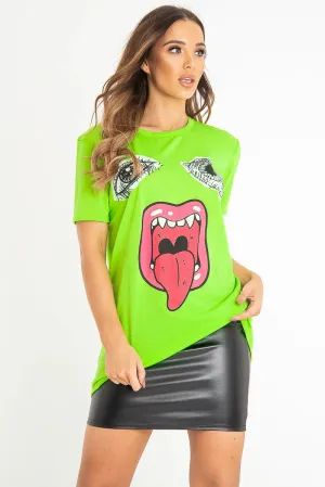 Neon Green Eyes Lips Print T-Shirt - Ayva