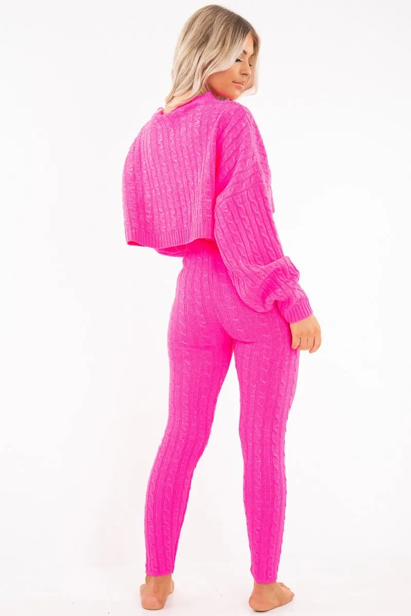 Neon Pink Cable Knit Batwing Jumper Loungwear Set - Janea
