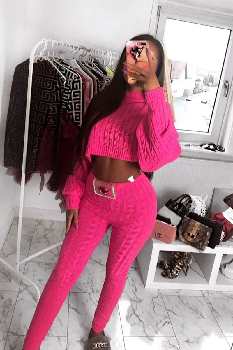 Neon Pink Cable Knit Batwing Jumper Loungwear Set - Janea