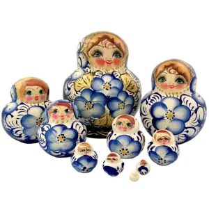 Nesting Dolls Large 10 Piece Set Blue Gold Flowers