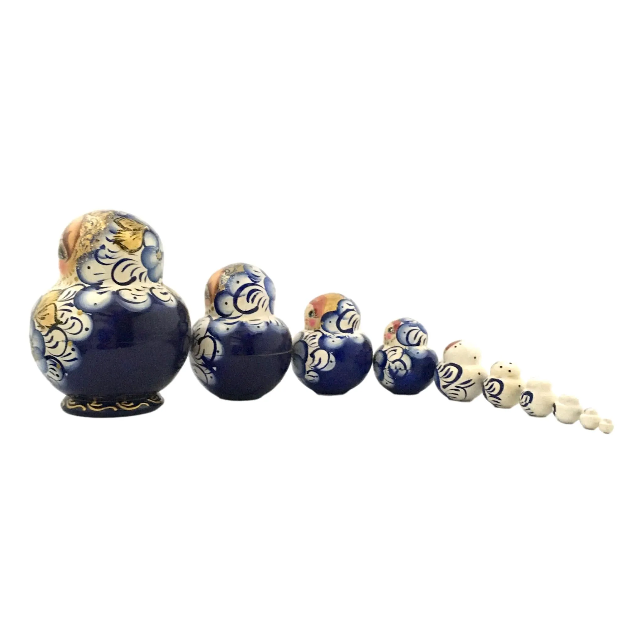 Nesting Dolls Large 10 Piece Set Blue Gold Flowers