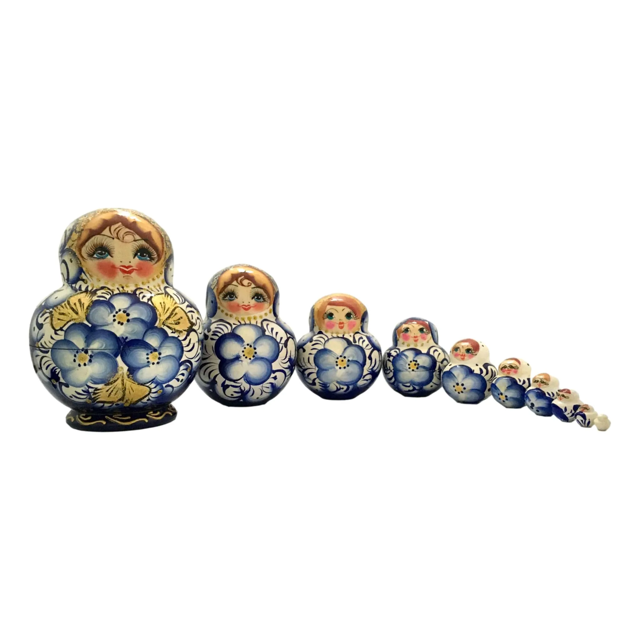 Nesting Dolls Large 10 Piece Set Blue Gold Flowers