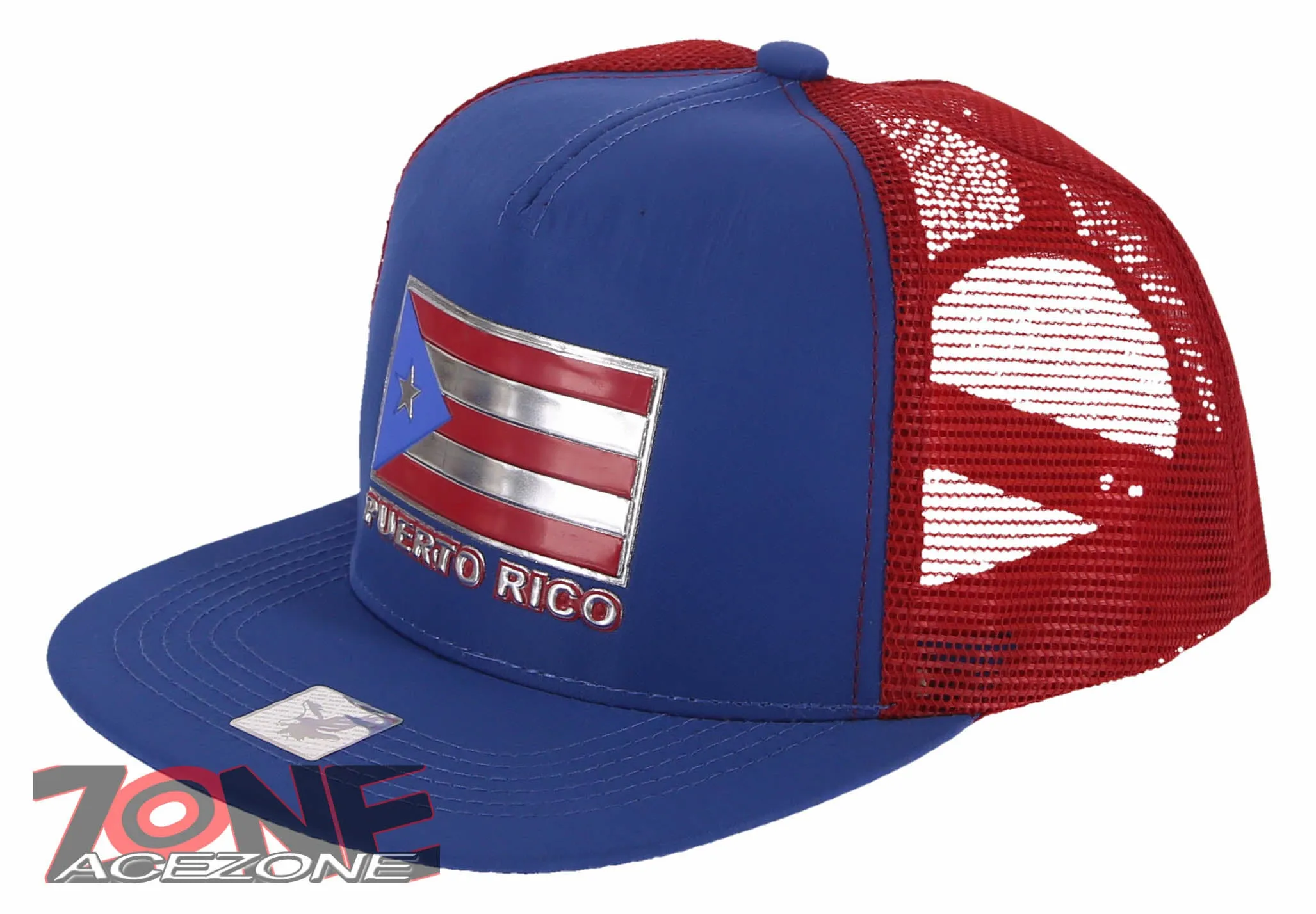 NEW! PUERTO RICO USA FLAG FLAT BILL MESH TRUCKER BASEBALL CAP HAT RED ROYAL BLUE