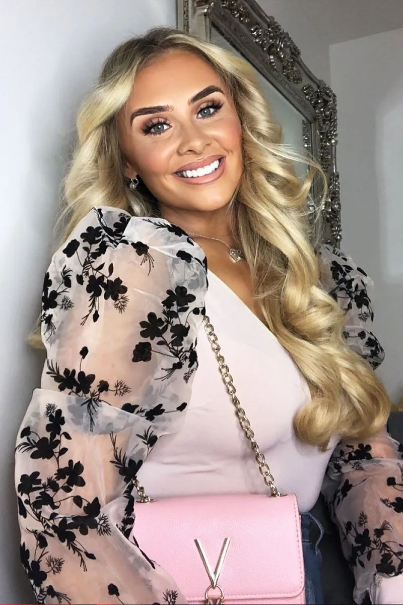 Nude Plunge Black Floral Sheer Puff Sleeves Bodysuit - Zoiey