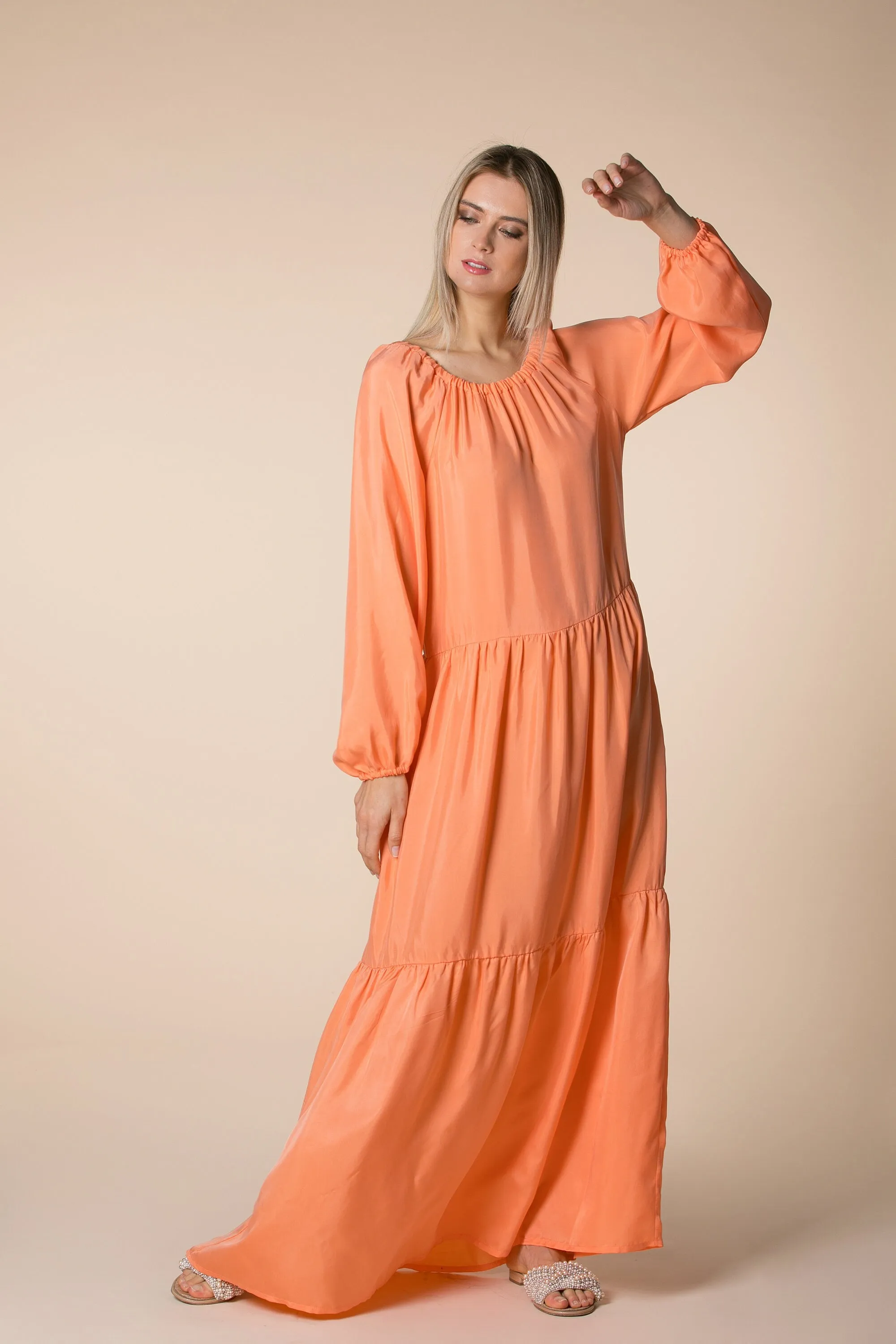 Peach Maxi Dress, Bishop Sleeve Dress, Loose Long Dress, Ruffle Dress, Pocket Dress, Bohemian Clothing, Summer Dress, Orange Boho Dress