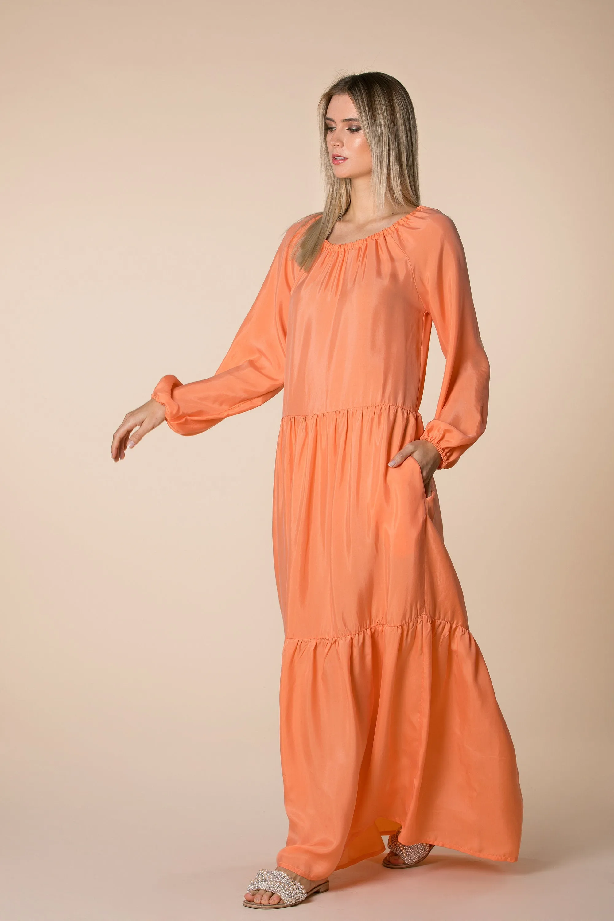 Peach Maxi Dress, Bishop Sleeve Dress, Loose Long Dress, Ruffle Dress, Pocket Dress, Bohemian Clothing, Summer Dress, Orange Boho Dress