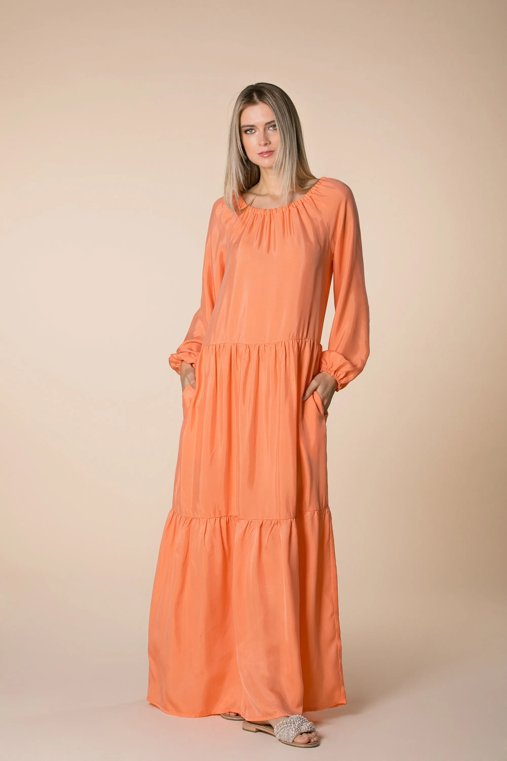 Peach Maxi Dress, Bishop Sleeve Dress, Loose Long Dress, Ruffle Dress, Pocket Dress, Bohemian Clothing, Summer Dress, Orange Boho Dress
