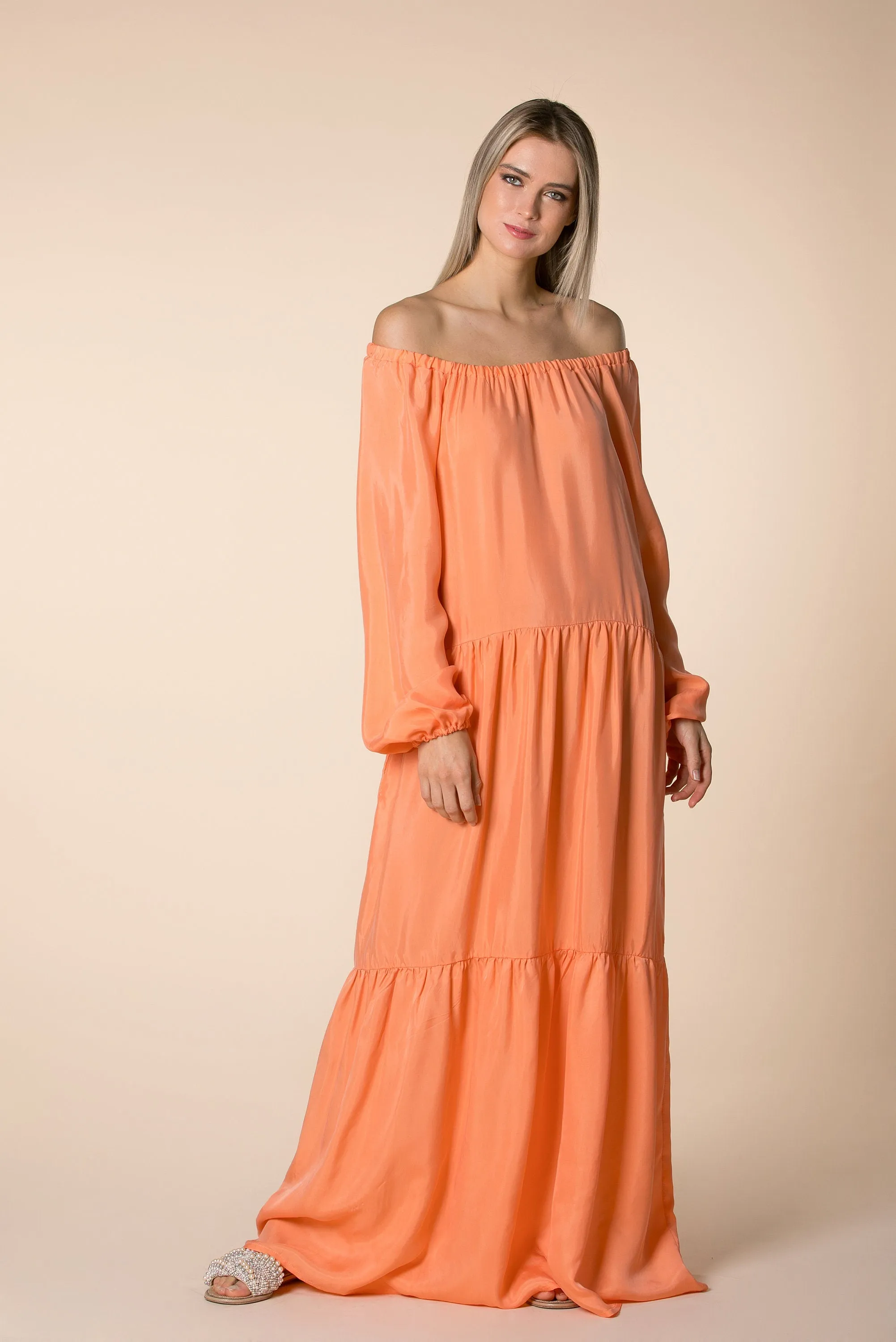 Peach Maxi Dress, Bishop Sleeve Dress, Loose Long Dress, Ruffle Dress, Pocket Dress, Bohemian Clothing, Summer Dress, Orange Boho Dress