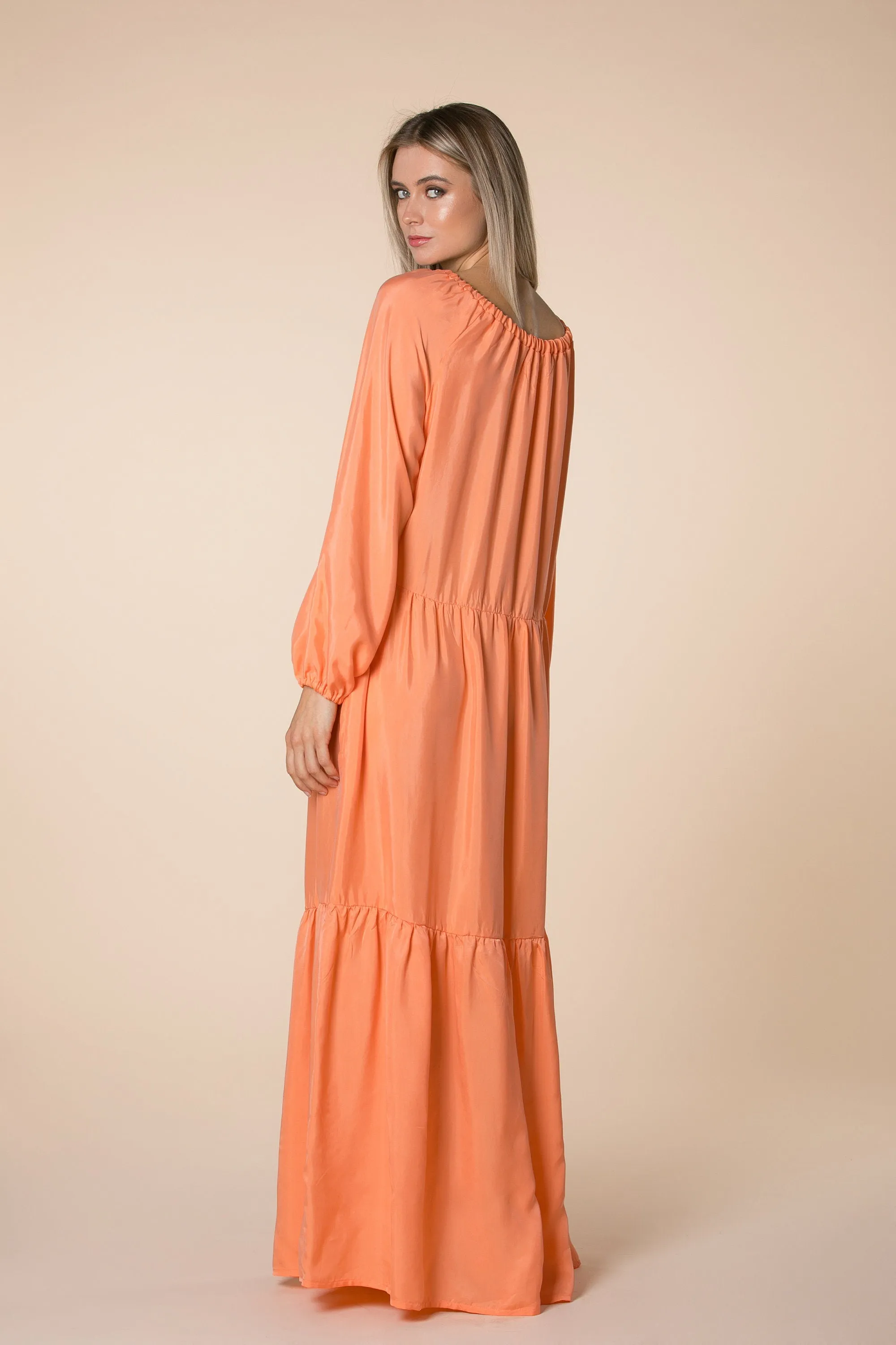 Peach Maxi Dress, Bishop Sleeve Dress, Loose Long Dress, Ruffle Dress, Pocket Dress, Bohemian Clothing, Summer Dress, Orange Boho Dress