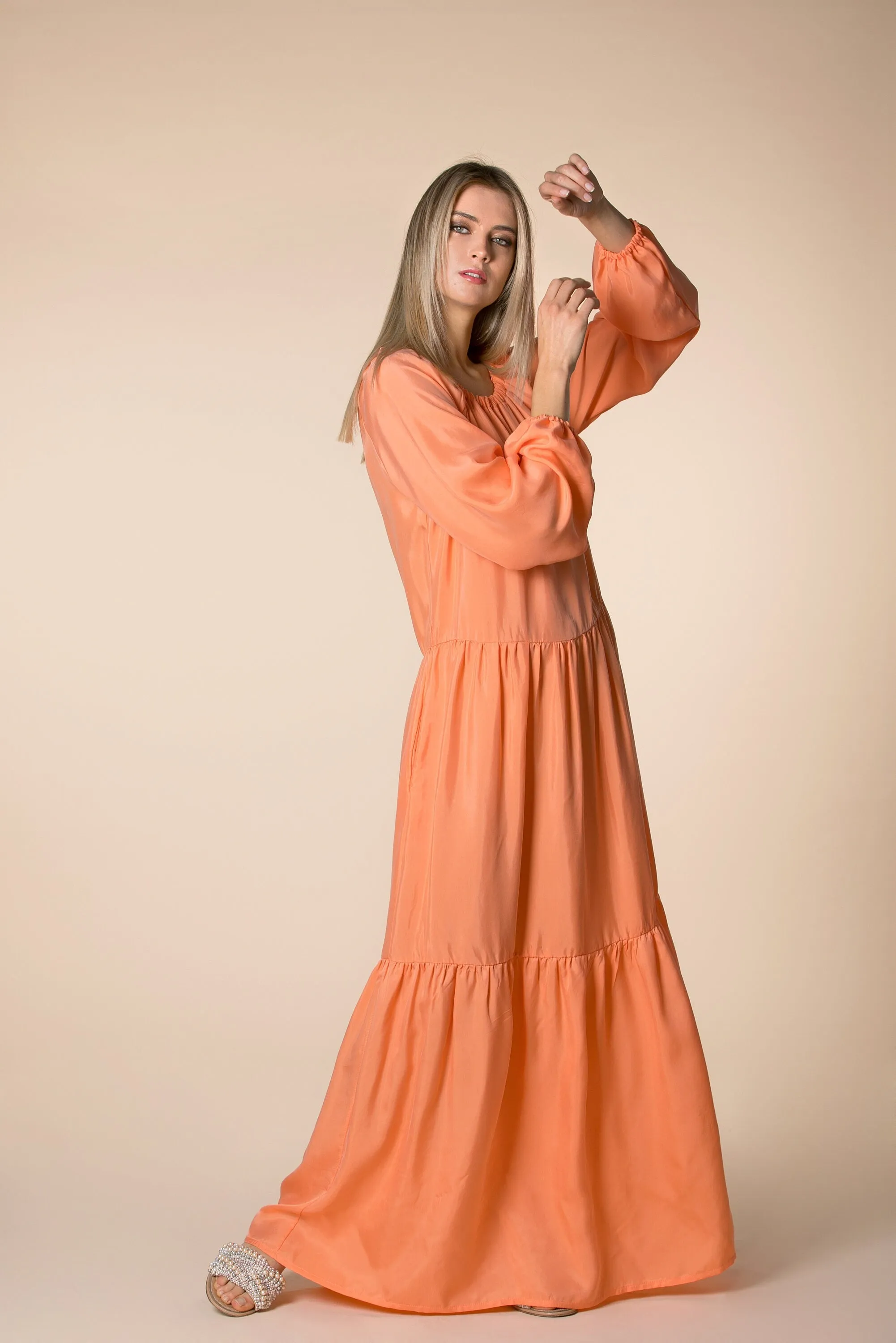 Peach Maxi Dress, Bishop Sleeve Dress, Loose Long Dress, Ruffle Dress, Pocket Dress, Bohemian Clothing, Summer Dress, Orange Boho Dress