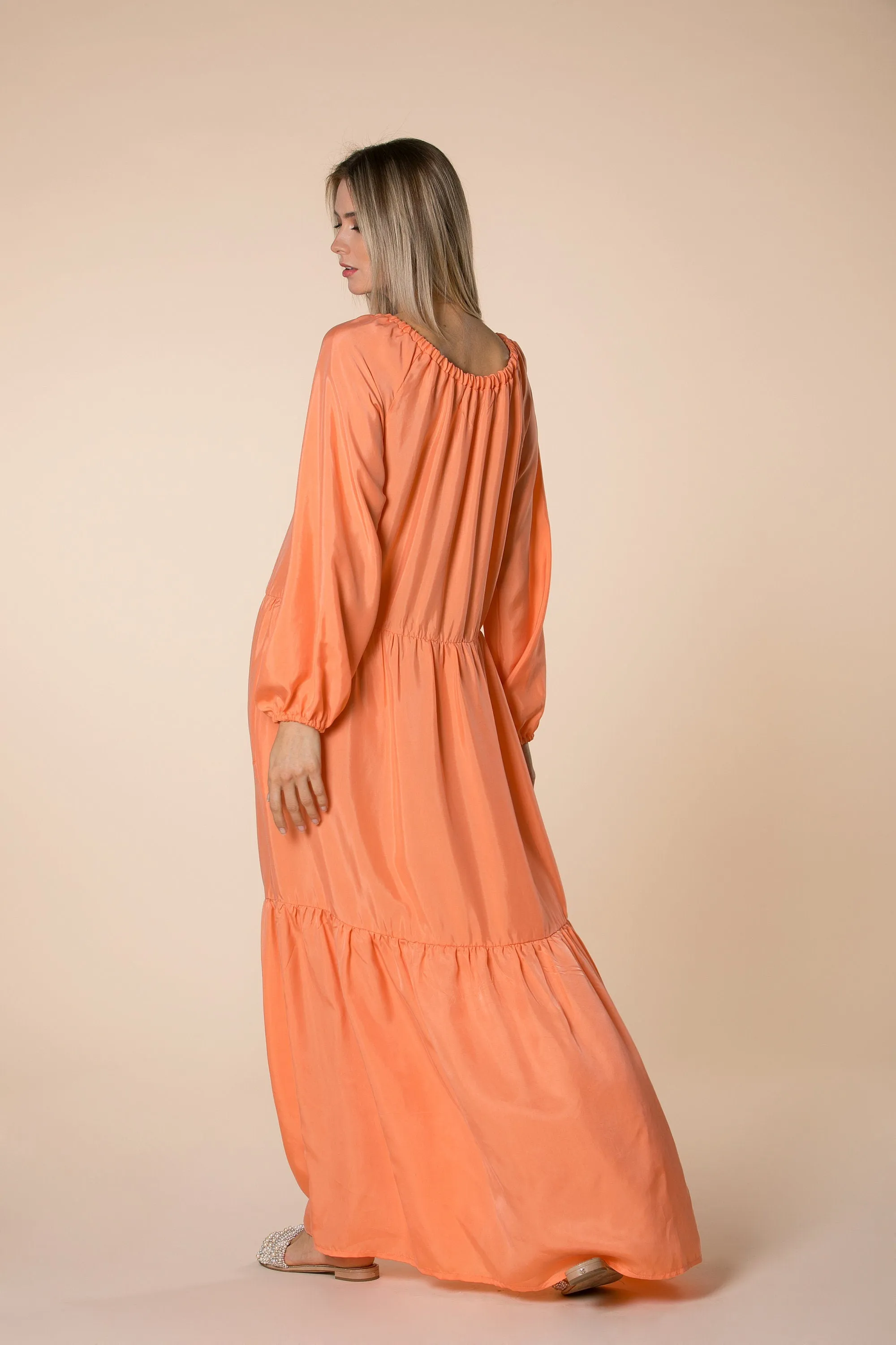 Peach Maxi Dress, Bishop Sleeve Dress, Loose Long Dress, Ruffle Dress, Pocket Dress, Bohemian Clothing, Summer Dress, Orange Boho Dress