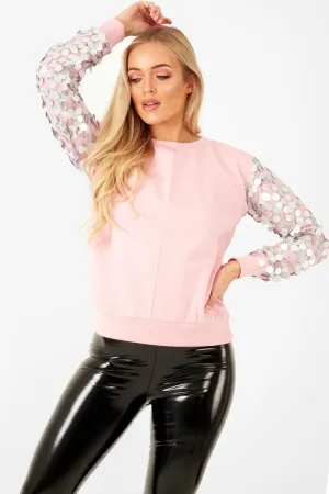 Pink and Silver Sequin Sleeve Sweatshirt  - Tasmin