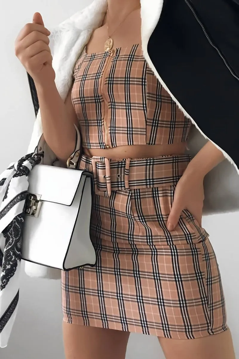 Pink Check Zip Front Bralet Belted Skirt Co-Ord - Cherise