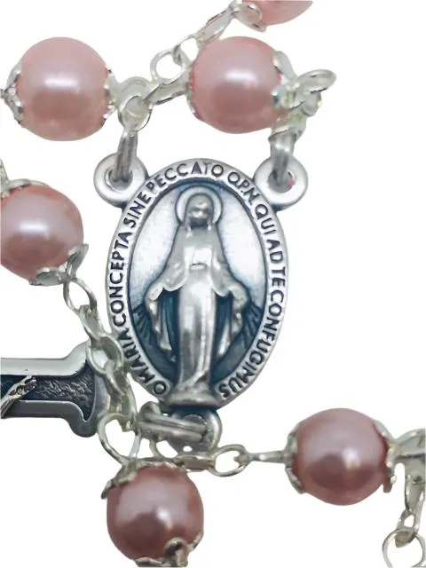 Pink Pearl Bead Miraculous Medal Rosary (21")