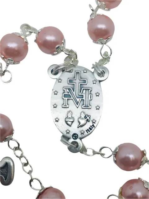 Pink Pearl Bead Miraculous Medal Rosary (21")