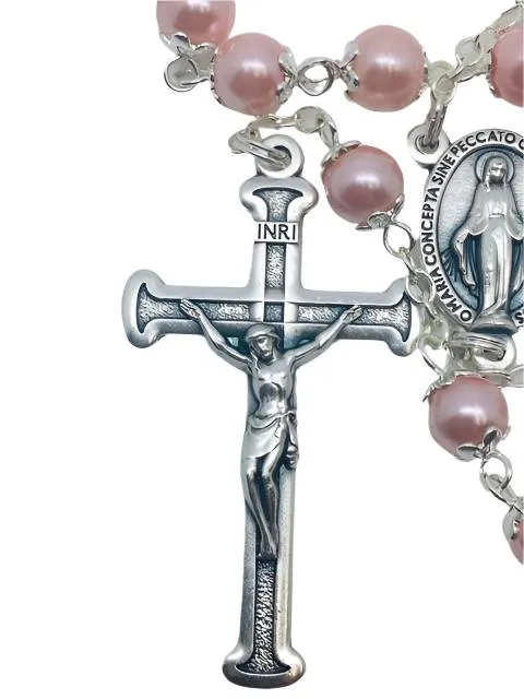 Pink Pearl Bead Miraculous Medal Rosary (21")