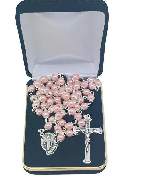 Pink Pearl Bead Miraculous Medal Rosary (21")