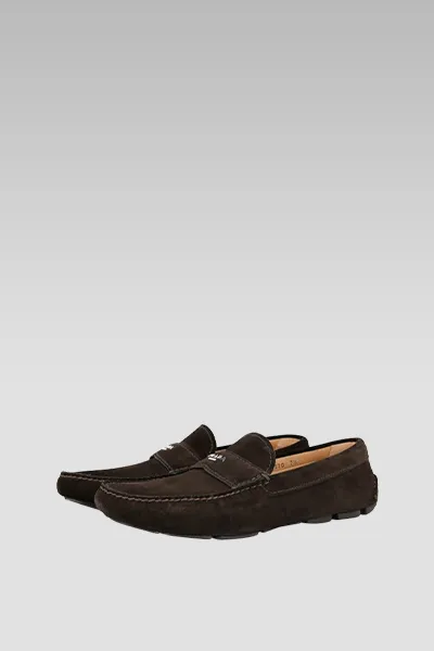Prada Brown Suede Loafer Badge on Top