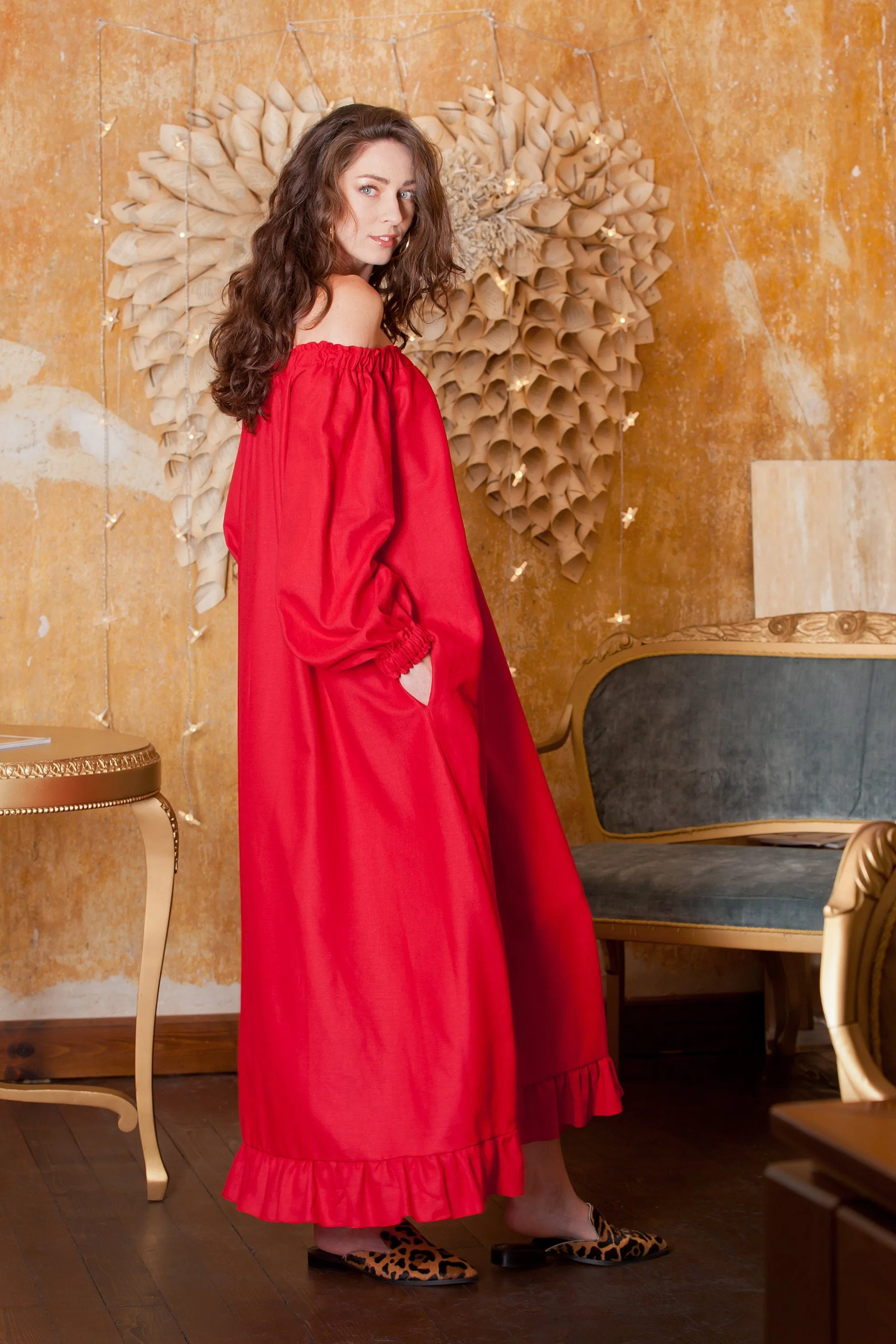 Red Drop Shoulder Dress, Valentine Dress, Linen Dress, Off Shoulder Dress, Loose Maxi Dress, Boho Clothing, Linen Maternity Dress