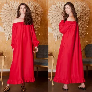 Red Drop Shoulder Dress, Valentine Dress, Linen Dress, Off Shoulder Dress, Loose Maxi Dress, Boho Clothing, Linen Maternity Dress