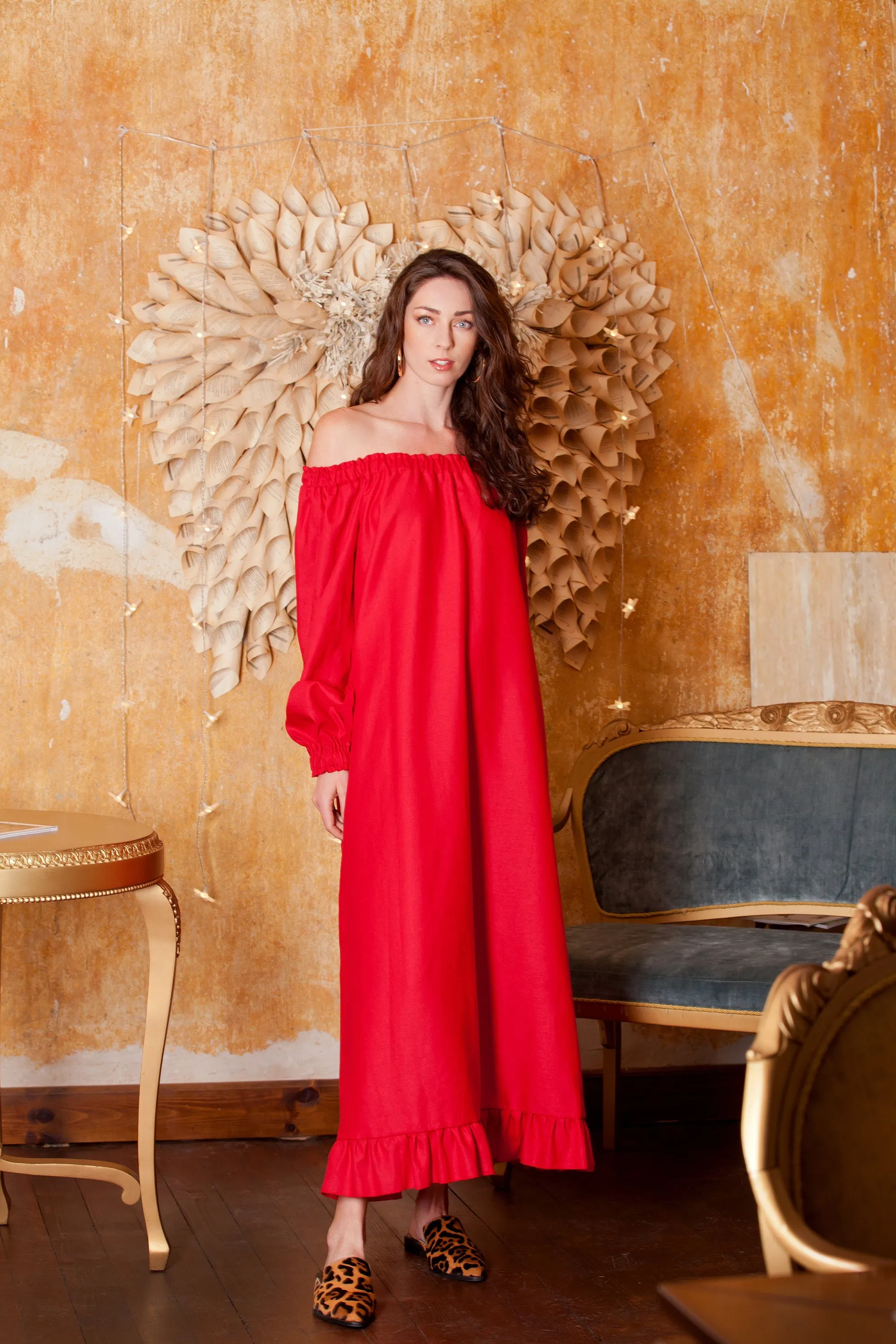 Red Drop Shoulder Dress, Valentine Dress, Linen Dress, Off Shoulder Dress, Loose Maxi Dress, Boho Clothing, Linen Maternity Dress