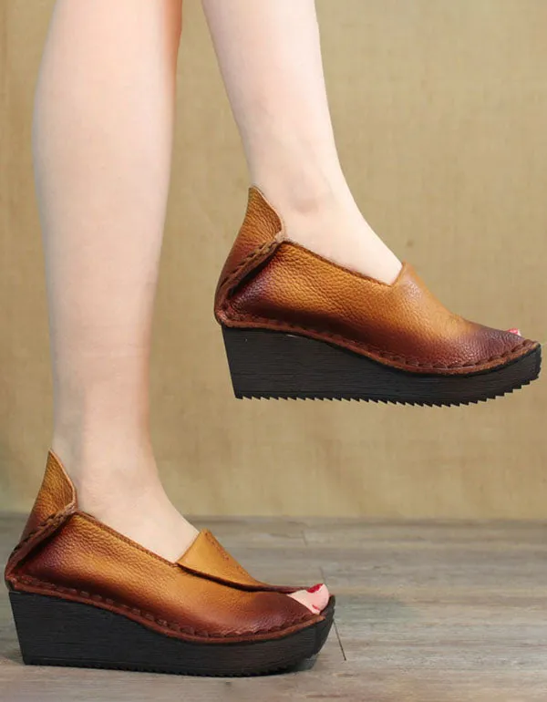 Retro Leather Fish Toe Handmade Flat Shoes