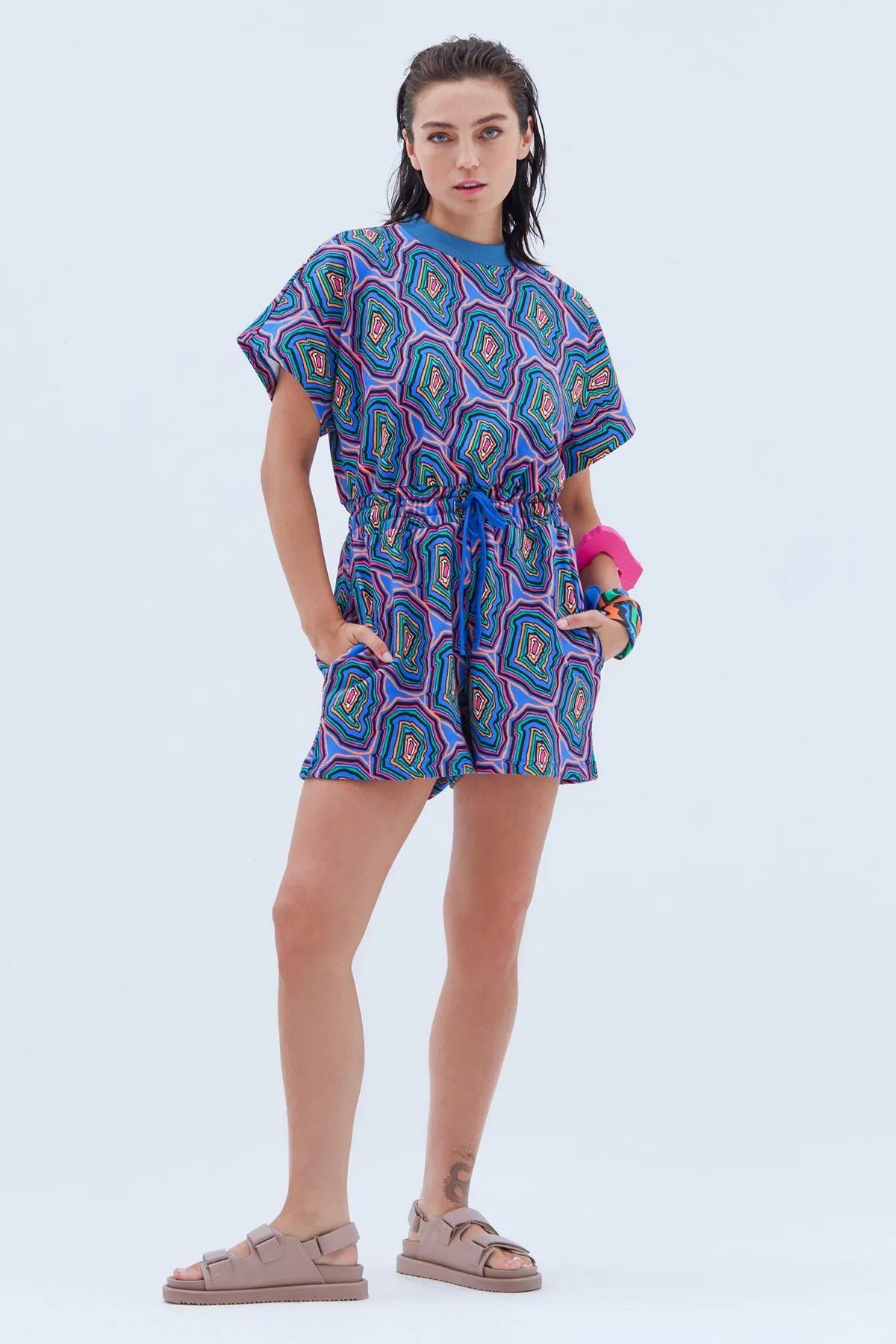 Short Playsuit with Drawstring Tie in Concentric Blue