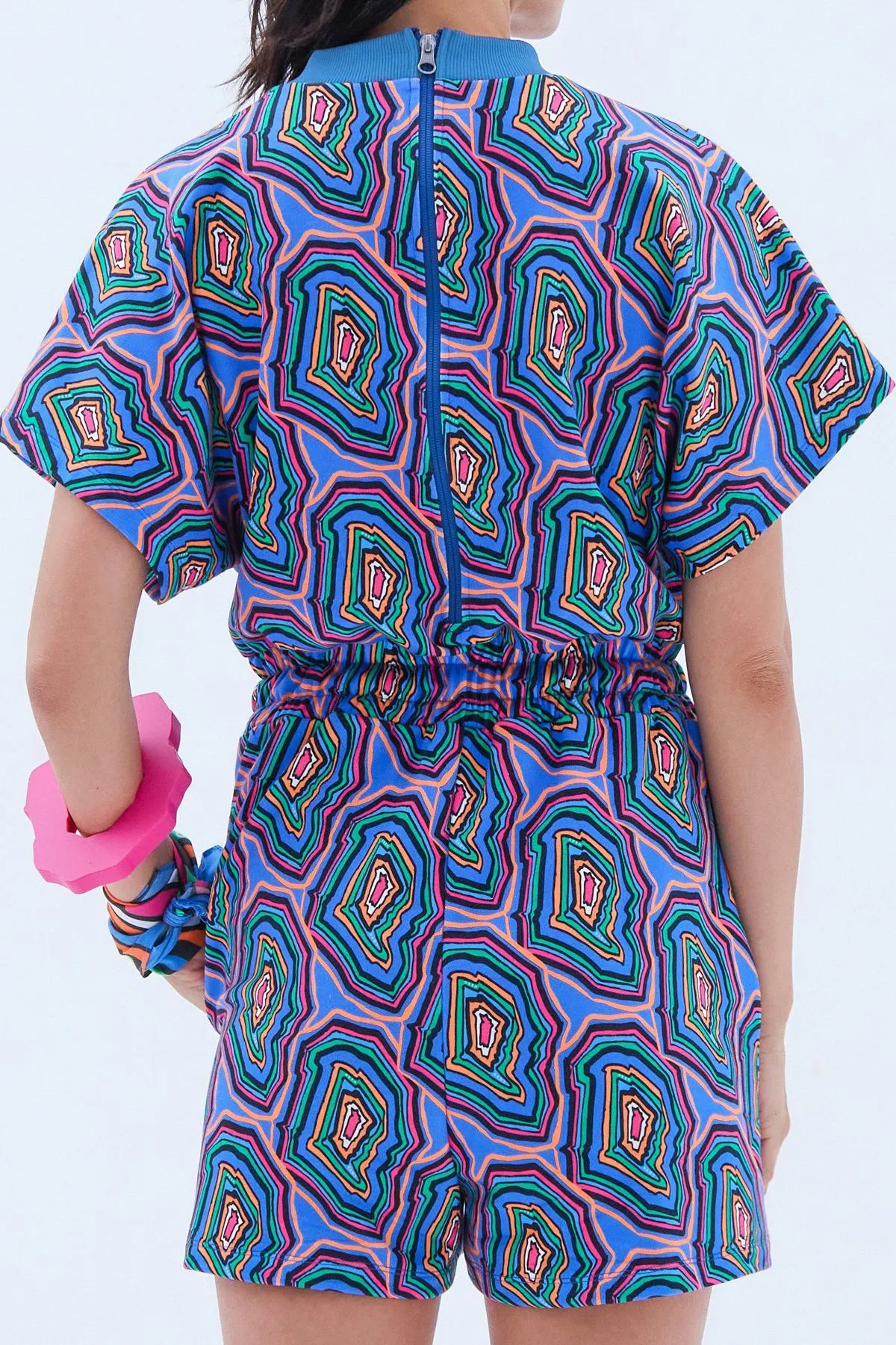 Short Playsuit with Drawstring Tie in Concentric Blue
