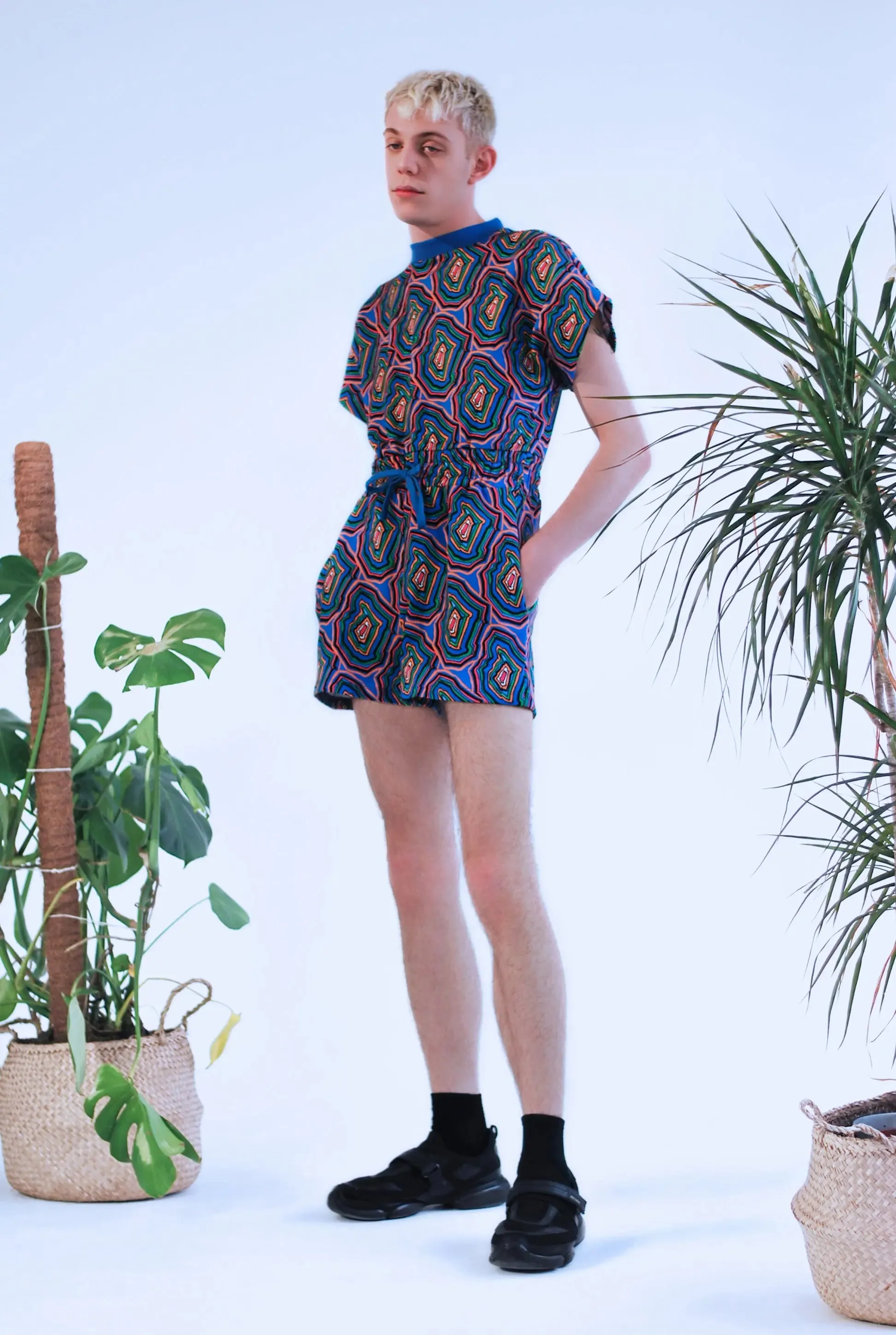 Short Playsuit with Drawstring Tie in Concentric Blue