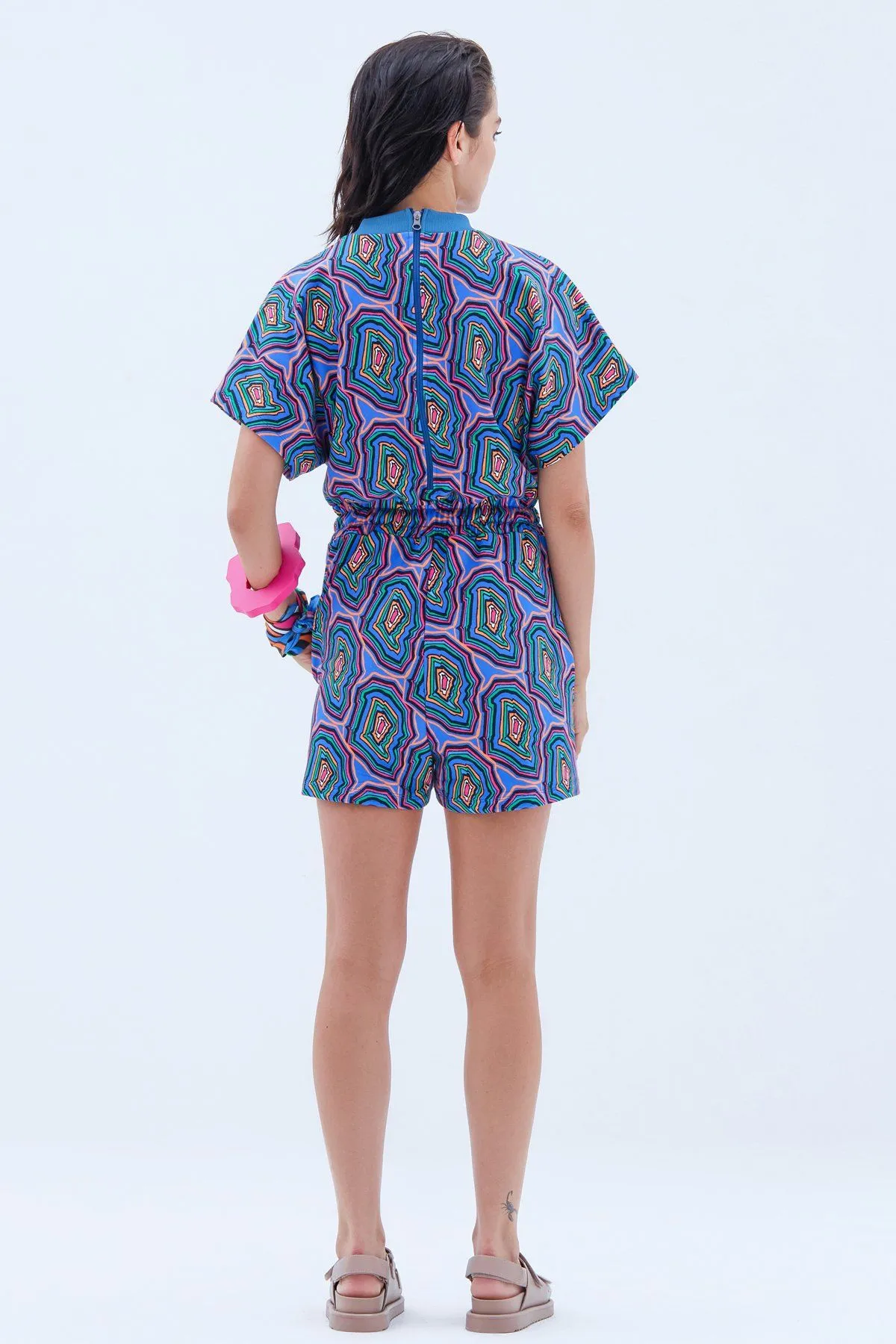 Short Playsuit with Drawstring Tie in Concentric Blue