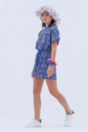 Short Playsuit with Drawstring Tie in Concentric Blue