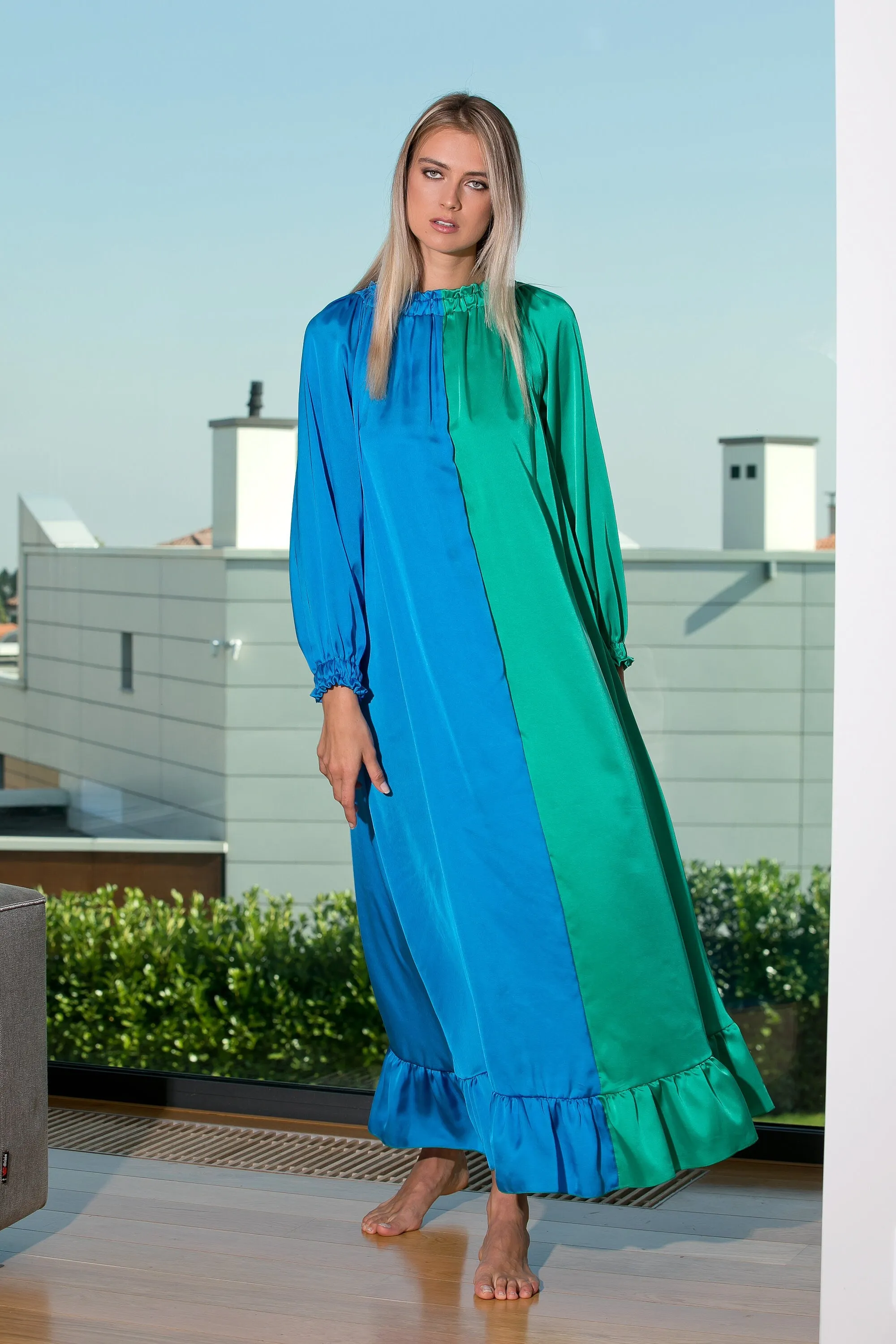 Sky Blue Satin Maxi Dress, Blue And Green Dress, Sky Blue Loose Dress, Sky Blue Wedding Guest Dress, Elegant Dress, Sky Blue Maternity Dress