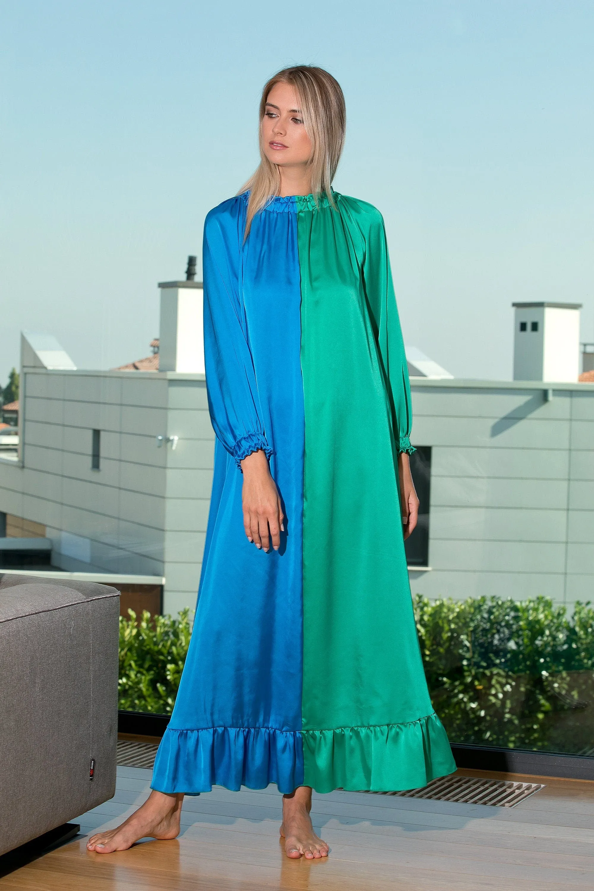 Sky Blue Satin Maxi Dress, Blue And Green Dress, Sky Blue Loose Dress, Sky Blue Wedding Guest Dress, Elegant Dress, Sky Blue Maternity Dress