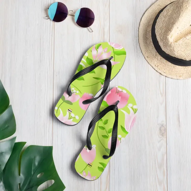 Slip Resistant Flip Flops with Pink Flowers