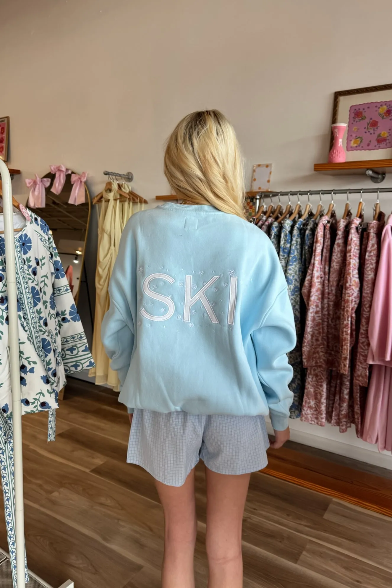 Snowflake Ski Sweatshirt in Light Blue