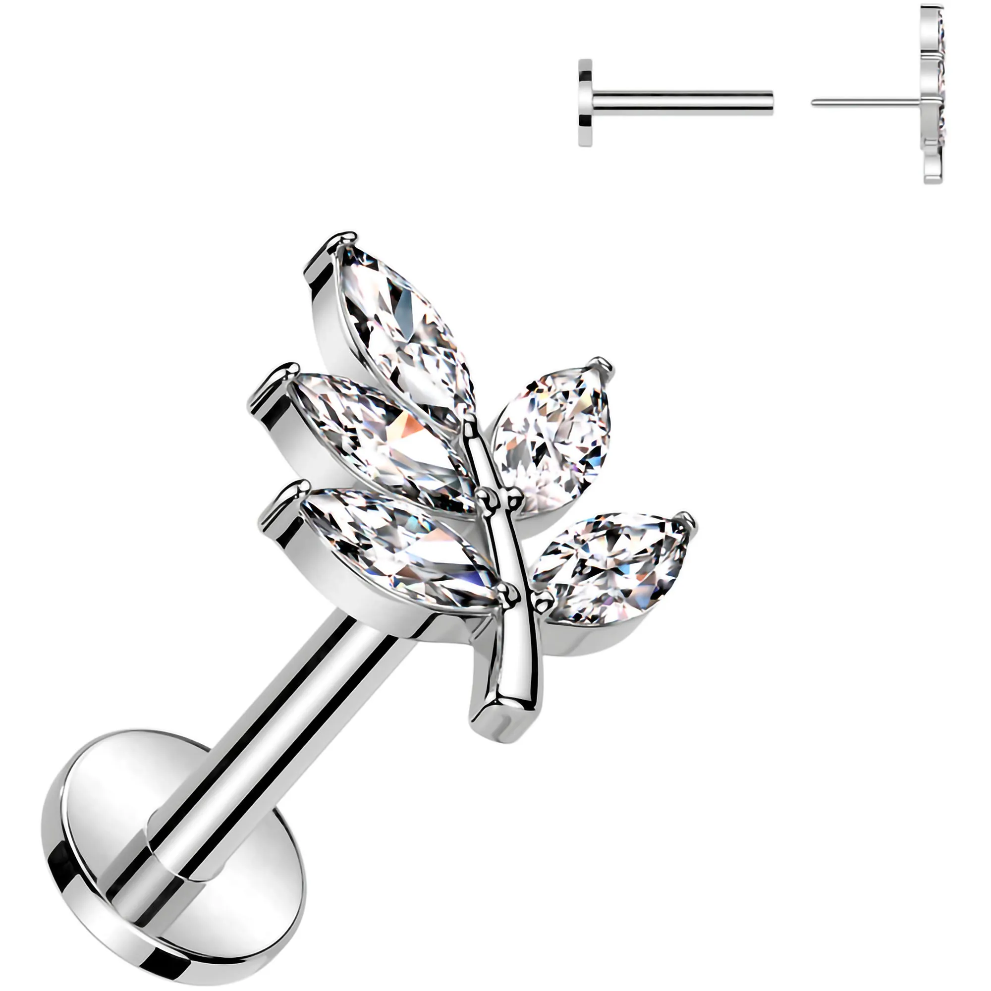 Surgical Steel Flat Back Earring - 16 Gauge With Cubic Zirconia Leaves