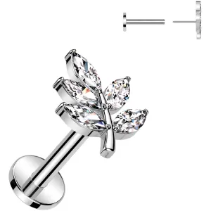 Surgical Steel Flat Back Earring - 16 Gauge With Cubic Zirconia Leaves