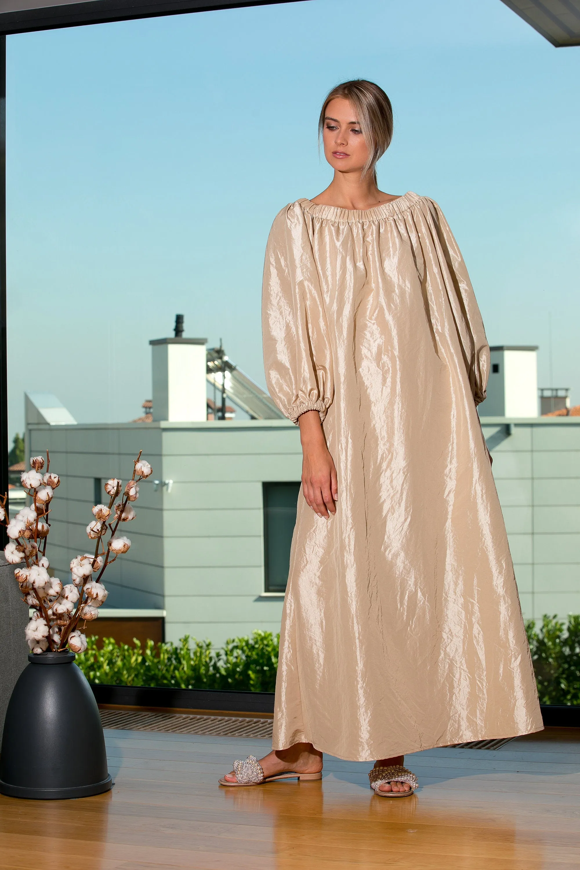 Taffeta Dress, Extravagant Golden Dress, Belt Dress, Maxi Dress, Puff Sleeve Dress, Kimono Dress, Japanese Clothing, Elegant Dress, Formal