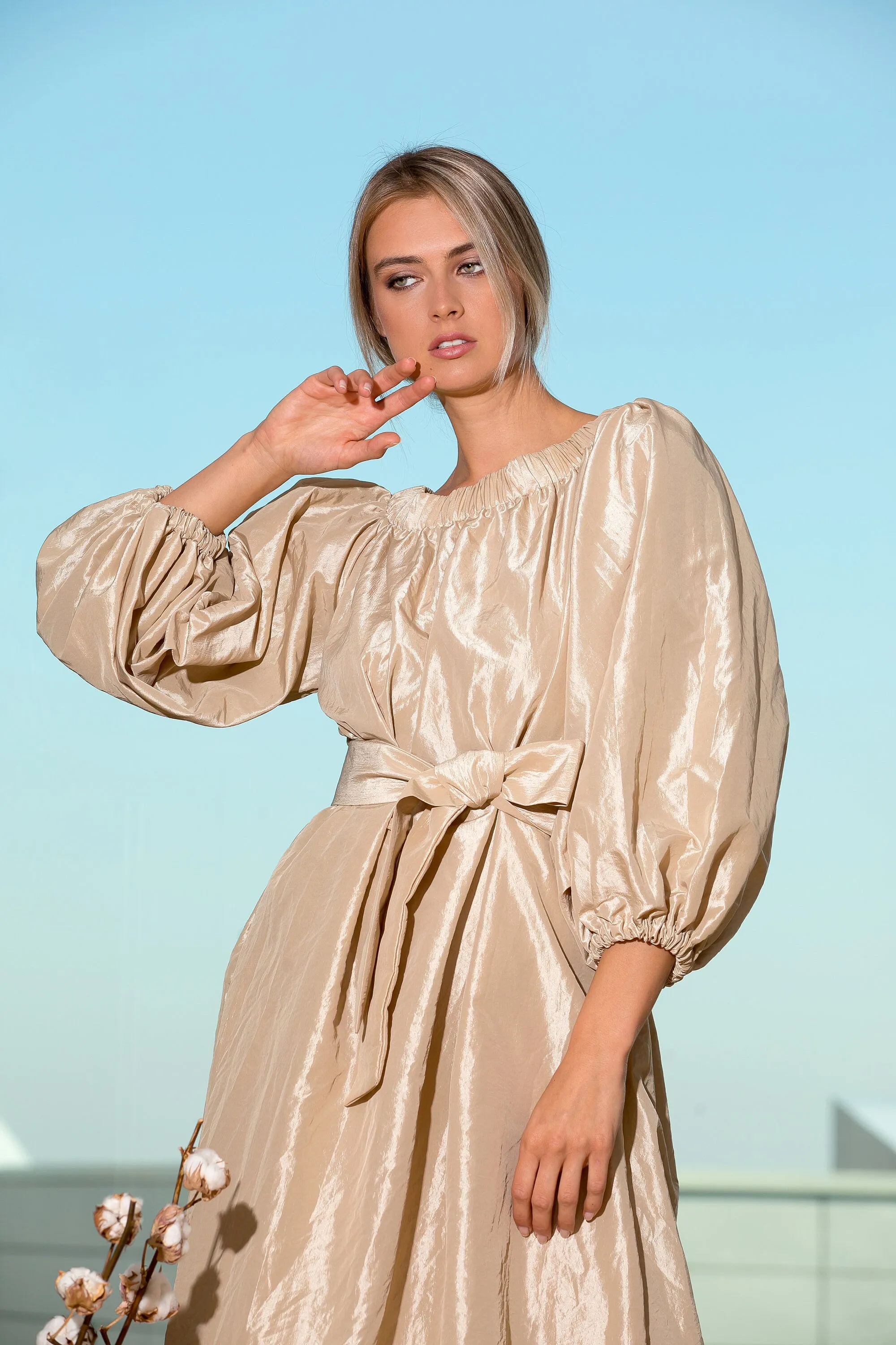 Taffeta Dress, Extravagant Golden Dress, Belt Dress, Maxi Dress, Puff Sleeve Dress, Kimono Dress, Japanese Clothing, Elegant Dress, Formal
