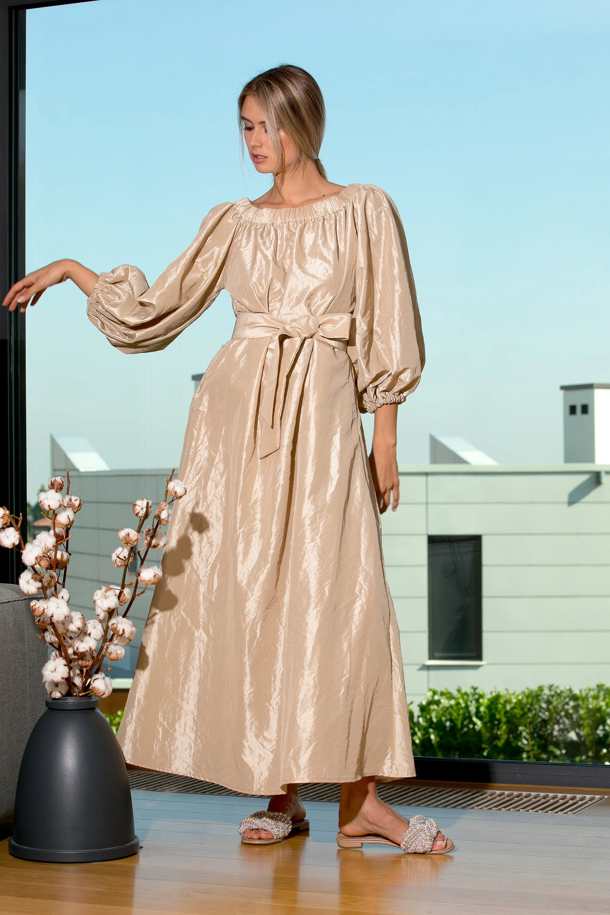 Taffeta Dress, Extravagant Golden Dress, Belt Dress, Maxi Dress, Puff Sleeve Dress, Kimono Dress, Japanese Clothing, Elegant Dress, Formal