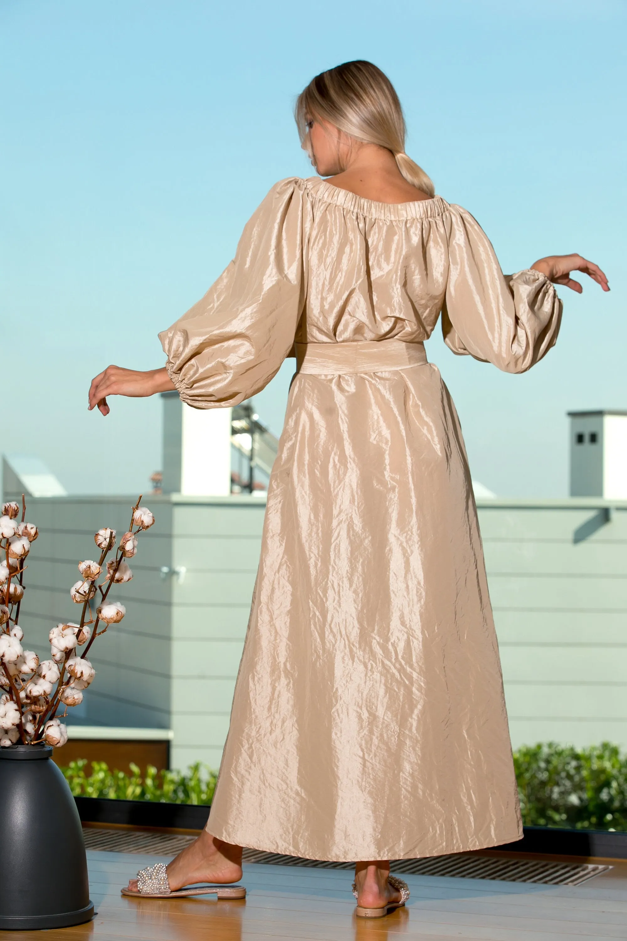 Taffeta Dress, Extravagant Golden Dress, Belt Dress, Maxi Dress, Puff Sleeve Dress, Kimono Dress, Japanese Clothing, Elegant Dress, Formal