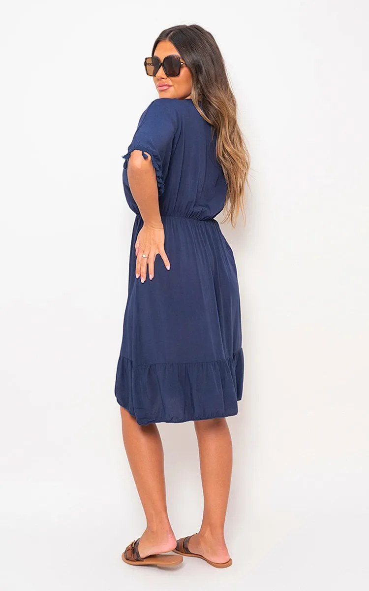 V-Neck Short Sleeve Midi Dress with Tassel Detail