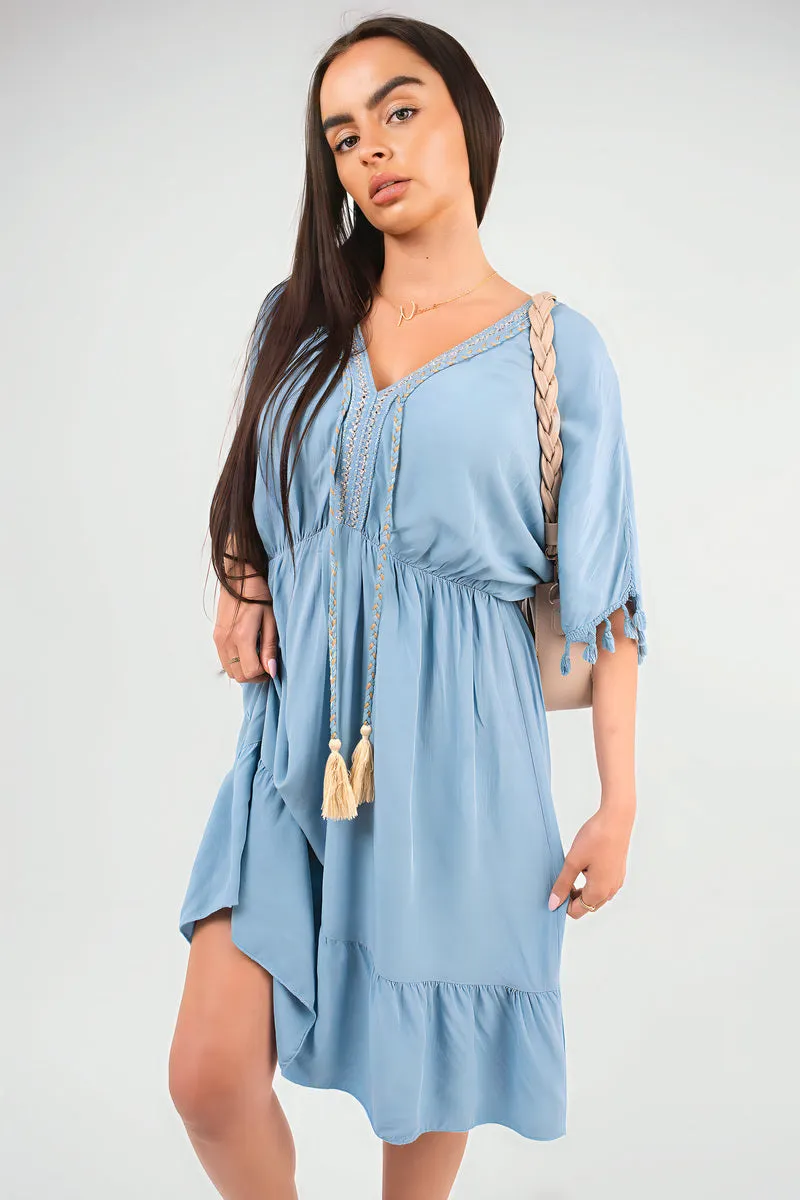 V-Neck Short Sleeve Midi Dress with Tassel Detail