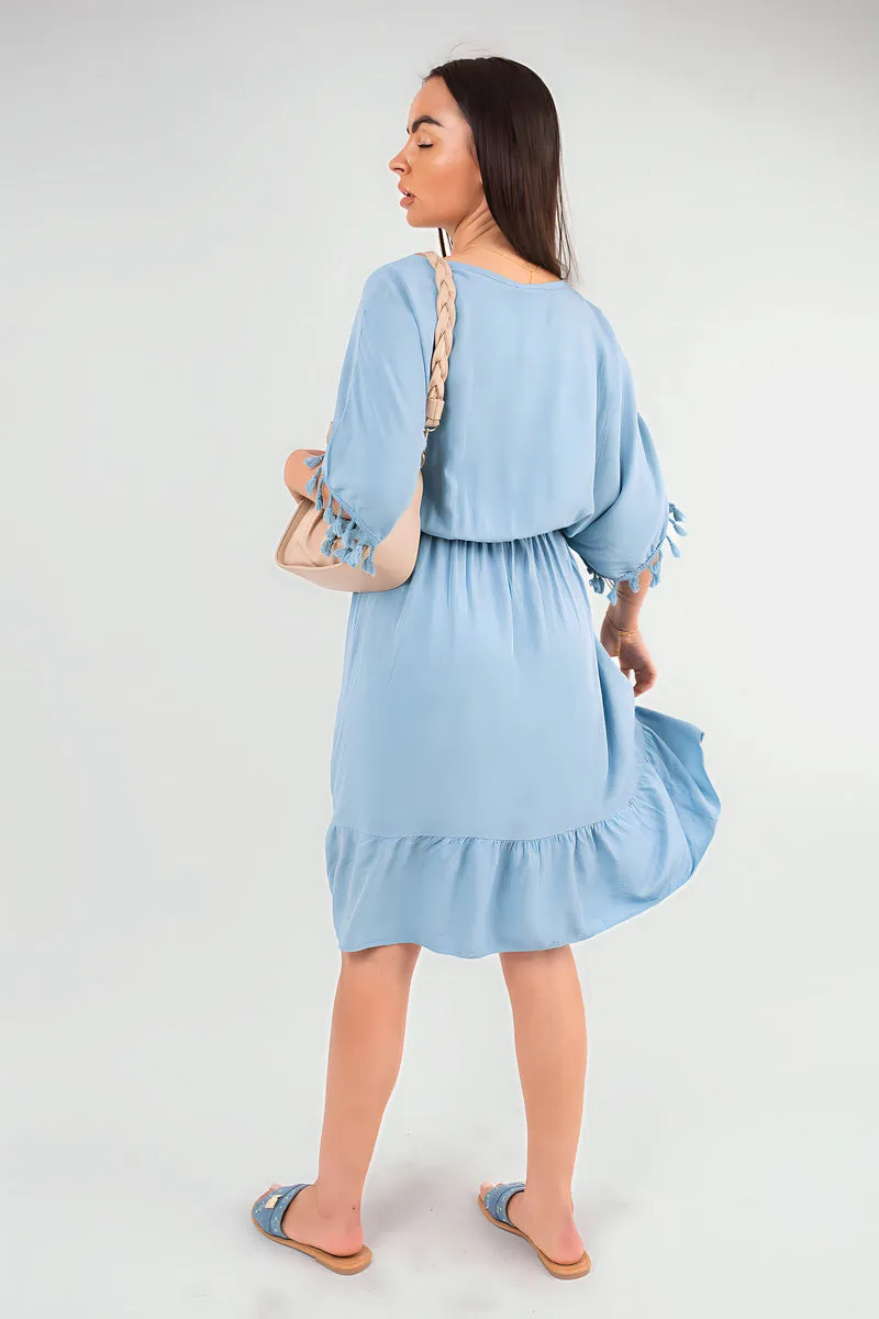V-Neck Short Sleeve Midi Dress with Tassel Detail