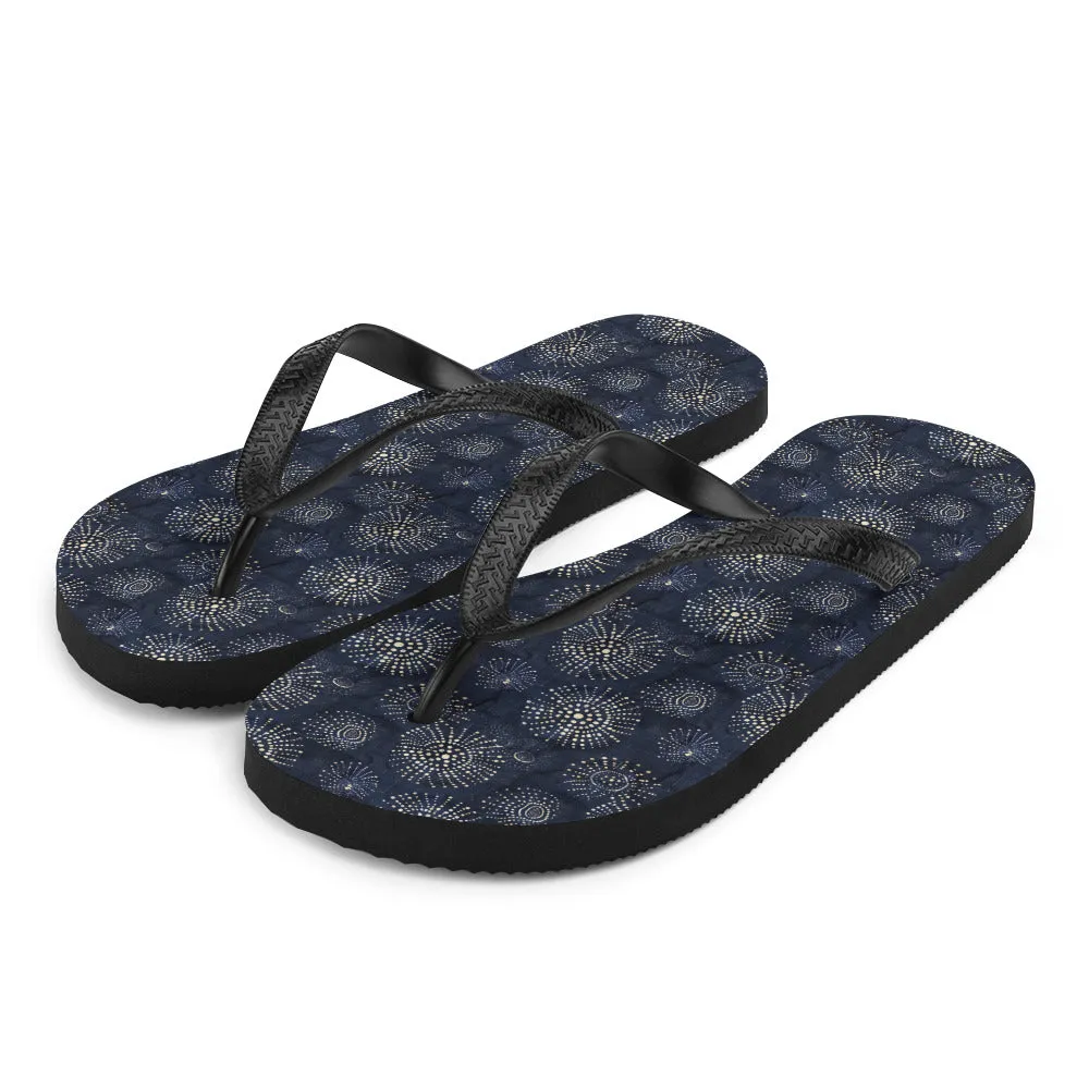 White Florettes on Navy - Flip-Flops