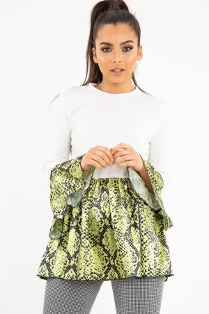 White Lime Snake Print Flare Sleeve Peplum Top - Dhara