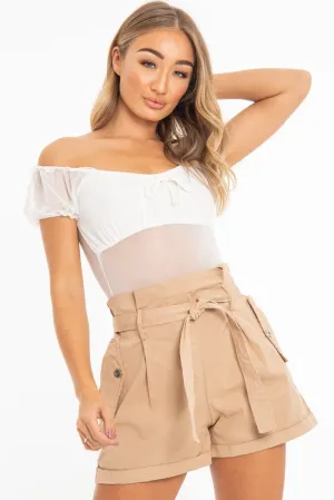 White Mesh Puff Sleeve Tie Front Bodysuit - Suki